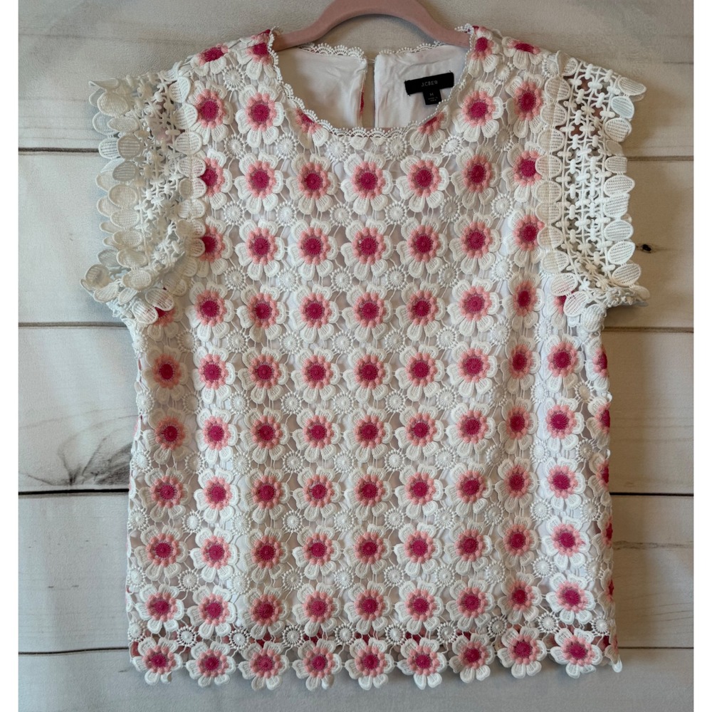 J.Crew Pink White Floral Guipure Lace Sleeveless Top Shell Blouse Medium